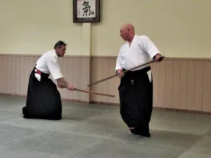 Sensei Walters and Sensei O'Connell demonstrating the paired jo kata